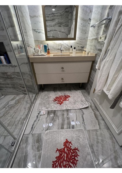 Mercan 2'li Lateks Kaymaz Taban Su Geçirmez Banyo Paspas Takımı (60X150)