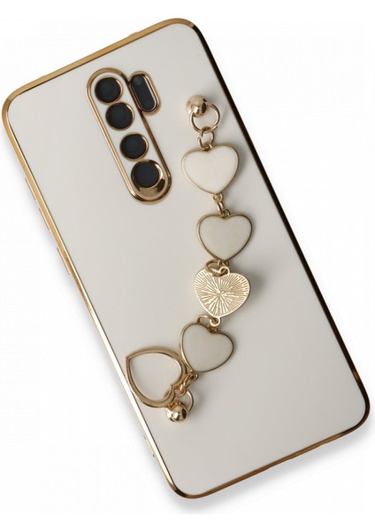 Xiaomi Redmi Note 8 Pro Kılıf Kamera Korumalı Parlak Gold Kenarlı Kalpli Bileklikli Tutacak Kapak