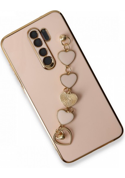 Xiaomi Redmi Note 8 Pro Kılıf Kamera Korumalı Parlak Gold Kenarlı Kalpli Bileklikli Tutacak Kapak