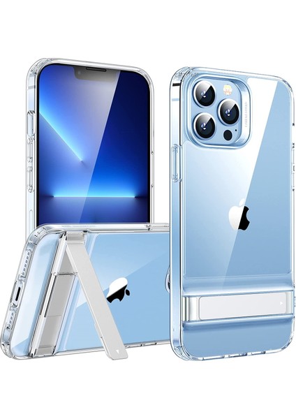 Iphone 12 Pro Uyumlu Kılıf Kamera Lens Çıkıntılı Şeffaf Sararma Yapmaz Clear Sgs Testli Crystal L Standlı Yatay Dikey Metal Kickstand Hafif Sert