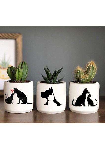 Kedi Köpek Dostluğu Desenli Beton Saksı Üçlü Set- Küçük Boy Sukulent Saksısı Çizim Kedicik Köpekcik