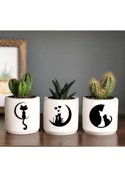 Kedi Desenli Beton Saksı Üçlü Set- Küçük Boy Sukulent Saksısı Çizim Kedicik