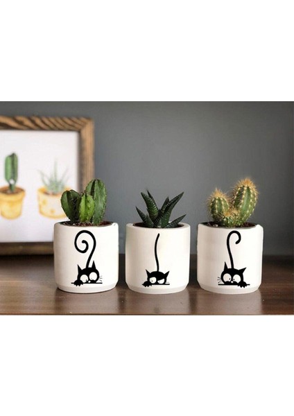 Kedi Desenli Beton Saksı Üçlü Set- Küçük Boy Sukulent Saksısı Çizim Kedicik