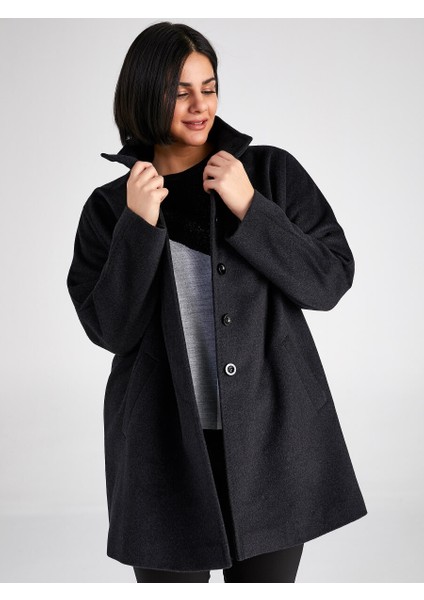 Kadın Midi Dik Yaka Kaşmir Kaban Düz Desenli Antrasit Renk 70% Yün