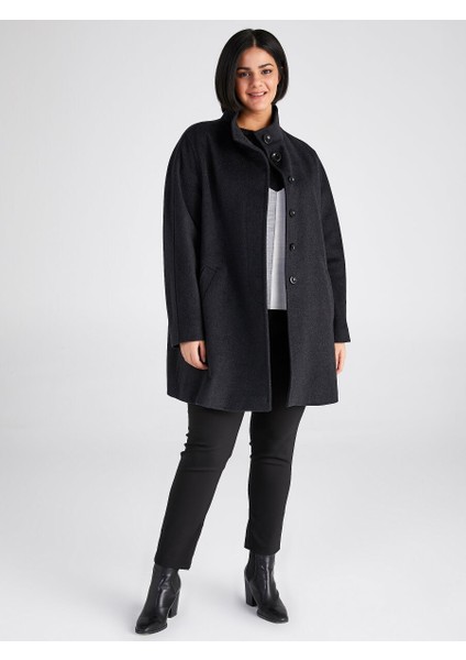 Kadın Midi Dik Yaka Kaşmir Kaban Düz Desenli Antrasit Renk 70% Yün fiyatları
