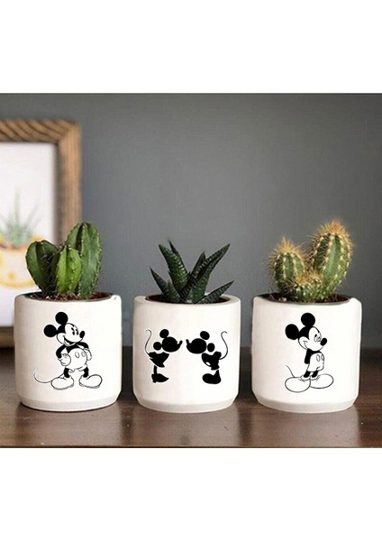 Mickey Mouse Desenli Beton Saksı Üçlü Set- Küçük Boy Sukulent Saksısı Çizim Fare