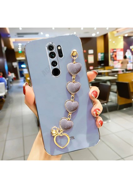 Xiaomi Redmi Note 8 Pro Kılıf Kamera Korumalı Parlak Gold Kenarlı Kalpli Bileklikli Tutacak Kapak