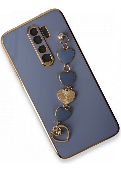 Xiaomi Redmi Note 8 Pro Kılıf Kamera Korumalı Parlak Gold Kenarlı Kalpli Bileklikli Tutacak Kapak