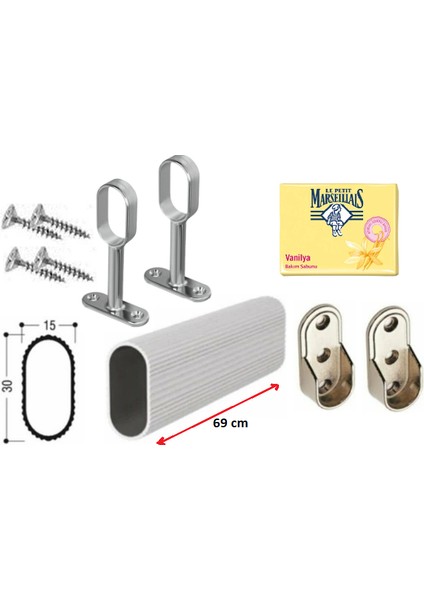 Dolap Içi Askılık Borusu Alüminyum Oval 69 Cm + 2 Adet Oval Ayaklı Flanş + 2 Adet Oval Sabit Flanş + Montaj Vidaları Set