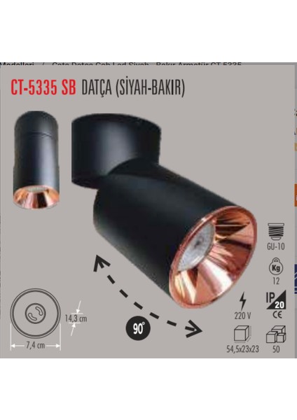 Ct-5335s Datça Sıva Üstü Armatür (Gu 10)(Siyah)(Siyah-Bakır) fiyatları