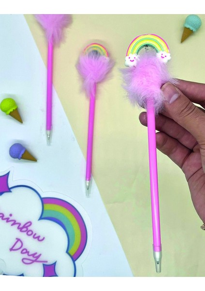 Tüylü Pembe Gökkuşağı Kalem