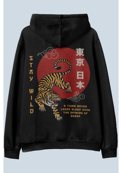 Stay Wild Siyah Oversize Kapüşonlu Sweatshirt Hoodie