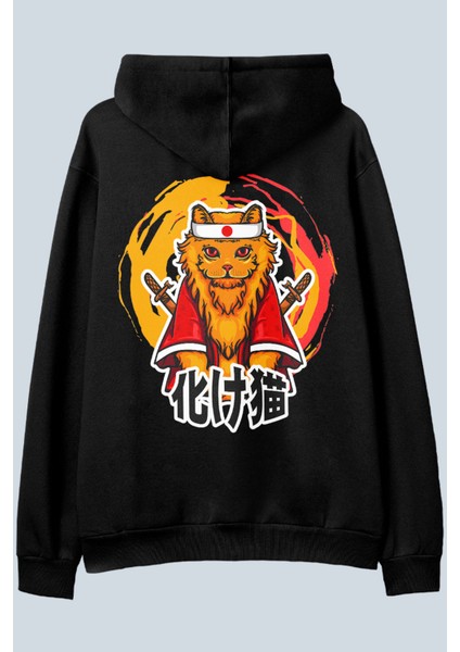 Samurai Cat Siyah Oversize Kapüşonlu Sweatshirt Hoodie