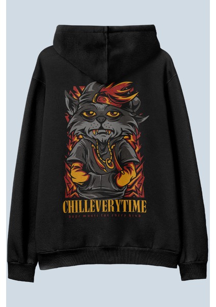 Chill Everytime Siyah Oversize Kapüşonlu Sweatshirt Hoodie