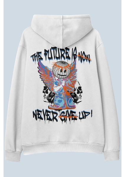 Never Give Up Beyaz Oversize Kapüşonlu Sweatshirt Hoodie