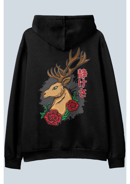 Deer Siyah Oversize Kapüşonlu Sweatshirt Hoodie