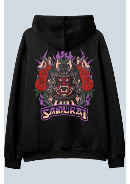Samurai Warrior Siyah Oversize Kapüşonlu Sweatshirt Hoodie