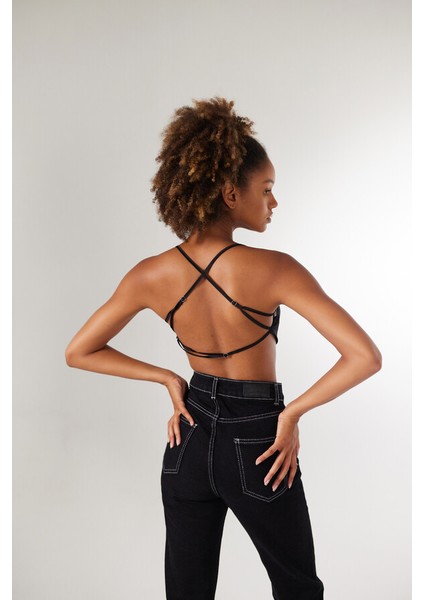 Askılı Saten Shery Crop Siyah