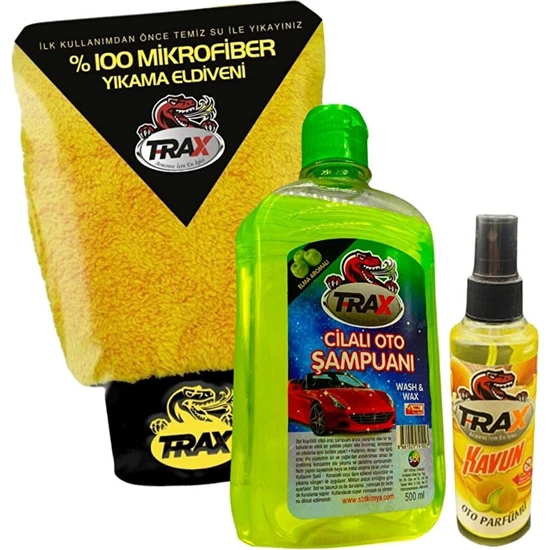 Trax Araba 100%MIKROFIBER Yıkama Eldiveni&oto Cilalı Araç Şampuanı Elmalı 500 Ml&kavun Sprey Koku 170ML