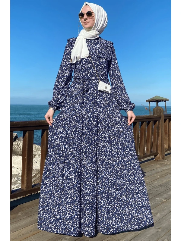 Rabia Şamlı Berna Çiçekli Elbise Mavi