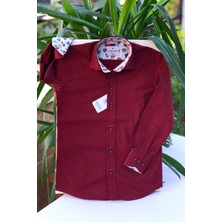 Yeni Sezon Bordo Minik Çiçek Desenli Uzun Kol Çocuk Gömlek