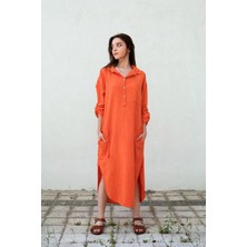 Gils Butik Yırtmaçlı Turuncu Keten Elbise