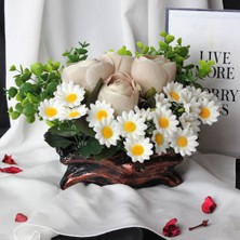 Moryconcept Çiçek Taş Rose Saksı 4 Adet Şakayık Çiçeği Açık Renk & 20 Başlıklı Papatyalar Yapay Yeşilliklerle Sarılı