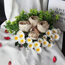 Moryconcept Çiçek Taş Rose Saksı 4 Adet Şakayık Çiçeği Açık Renk & 20 Başlıklı Papatyalar Yapay Yeşilliklerle Sarılı