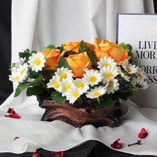 Moryconcept Çiçek Taş Saksı Rose Gölgeli 4 Adet Sarı Ateş Renkli Güller & 20 Başlıklı Papatyalar Yapay Yeşilliklerle Sarılı