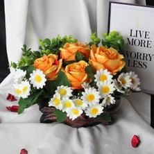 Moryconcept Çiçek Taş Saksı Rose Gölgeli 4 Adet Sarı Ateş Renkli Güller & 20 Başlıklı Papatyalar Yapay Yeşilliklerle Sarılı