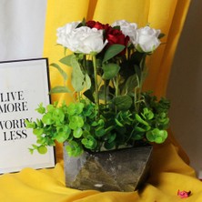 Moryconcept Kırmızı & Beyaz Güller 9 Adet Yapay Taş Gold Gümüş Saksı Yeşilliklerle Sarılı