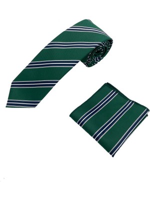 Brianze Yeşil Lacivert Beyaz Çizgili Kravat Mendil Set