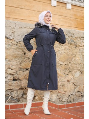 Vibeys Collection Lacivert İçi Kürklü Su Geçirmez Kadın Kışlık Mont & Kaban Uzun Model