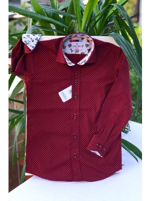 Yeni Sezon Bordo Minik Çiçek Desenli Uzun Kol Çocuk Gömlek