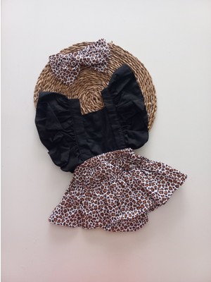 Mars Baby Kız Bebek Fırfırlı Salopet Bandanalı Takım Leopar