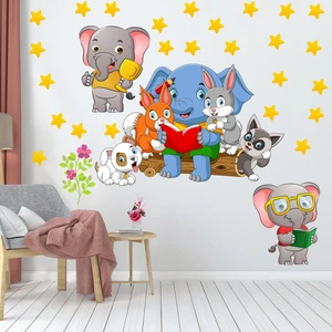 Kitap Okuyan Sevimli Orman Hayvanları ve Yıldızlar Anaokulu Çocuk Odası Duvar Sticker