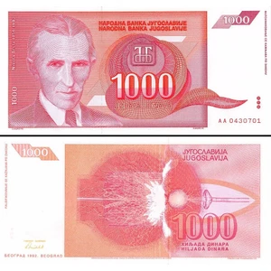Nikola Tesla Yugoslavya 1000 Dinar 1992 Unc (Çil) Koleksiyon Para