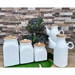 Kitchen Pembelia 5 Parça Porselen Yağdanlık ve Çay Şeker Tuz Kavanoz Seti
