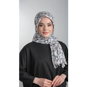 Hürrem Bone Krem-Siyah Pratik Hazır Geçmeli Tesettür Eşarp Kesik Elyaf Piliseli Çiçek Desenli 1818D6_4001