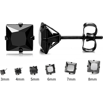 Siyah Çelik 6 Takım Kare Taşlı Bayan Erkek Küpe ES80