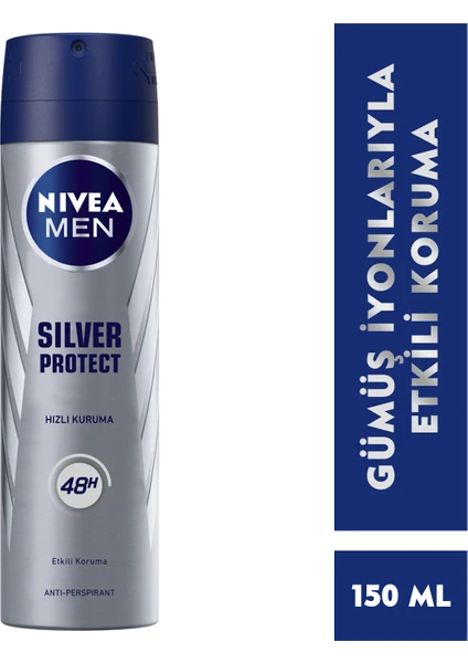 NIVEA Men Erkek Sprey Deodorant Silver Protect 150 ml; Ter ve Ter Kokusuna Karşı 48 Saat Anti-perspirant