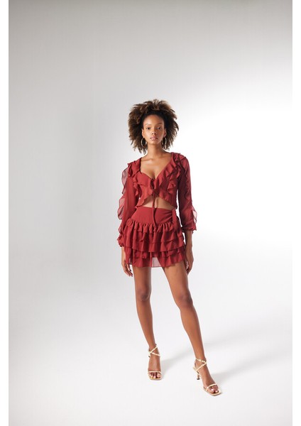 Beli Lastikli Volanlı Mini Elsa Etek Kahverengi