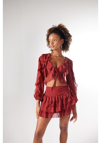 Beli Lastikli Volanlı Mini Elsa Etek Kahverengi fırsatları