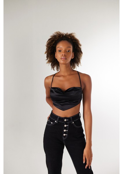 Askılı Saten Shery Crop Siyah