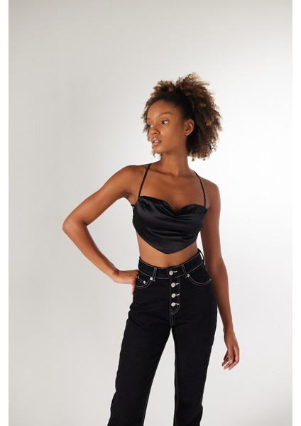 Askılı Saten Shery Crop Siyah
