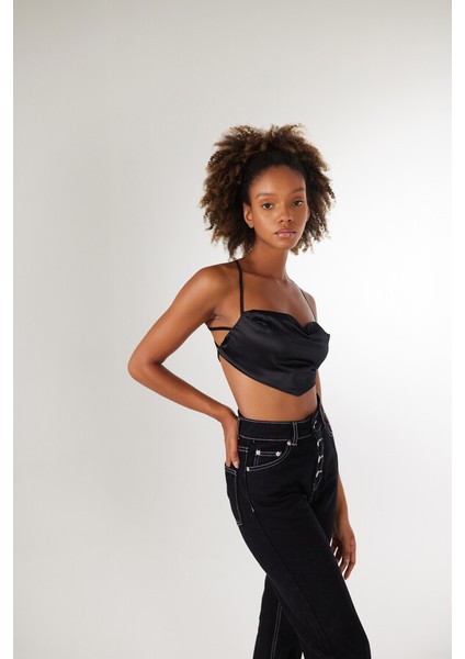 Askılı Saten Shery Crop Siyah
