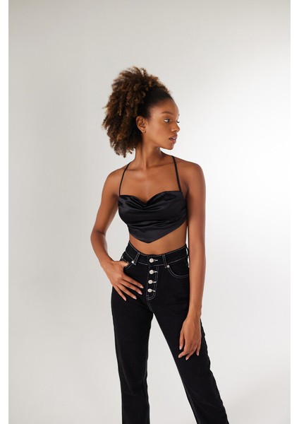 Askılı Saten Shery Crop Siyah