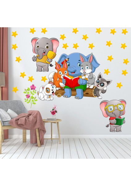 Kitap Okuyan Sevimli Orman Hayvanları ve Yıldızlar Anaokulu Çocuk Odası Duvar Sticker