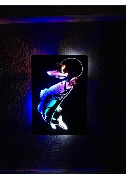 Fishing Balıkçılık Temalı LED Işıklı Ahşap Tablo 50 x 35 cm