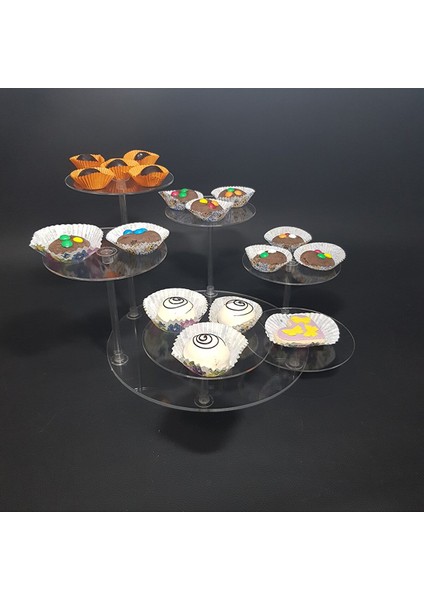 Şeffaf Pleksi 6 Adet Geniş Yuvarlak Raflı Teşhir Cupcake Standı
